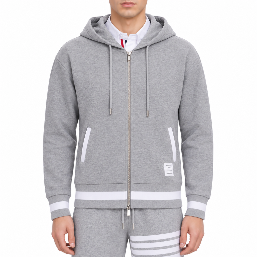 4 - Bar Athletic Hoodie - Premium Sports Zip - Up Sweatshirt by Thom Browne, modeled on a pure white background