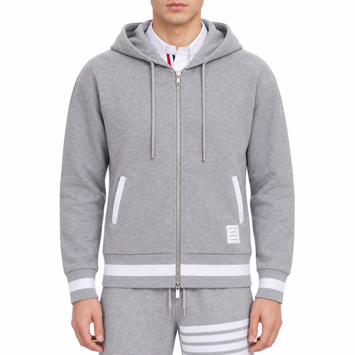 4 - Bar Athletic Hoodie - Premium Sports Zip - Up Sweatshirt by Thom Browne, modeled on a pure white background