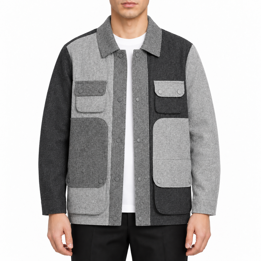 Mid-length coat by Thom Browne, modeled on a pure white background
