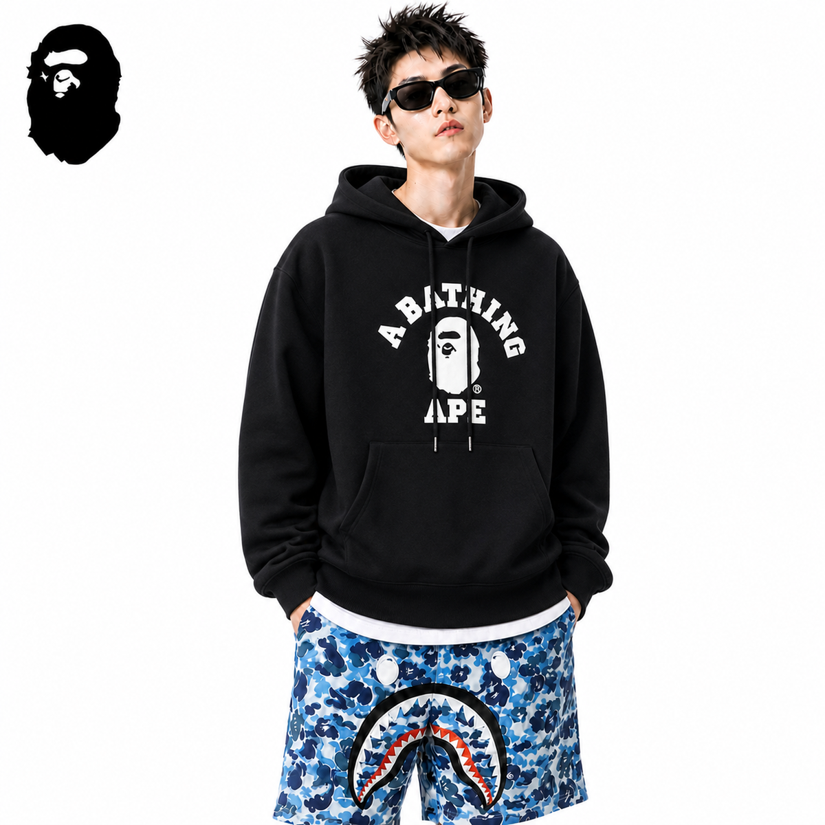 BAPE College Ape Head Hoodie - Black & Red styled on a male model
