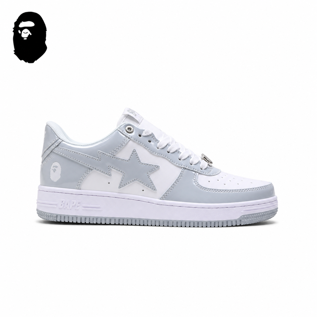 BAPE STA Low-Top Sneakers - Silver/White, single side view on a white background