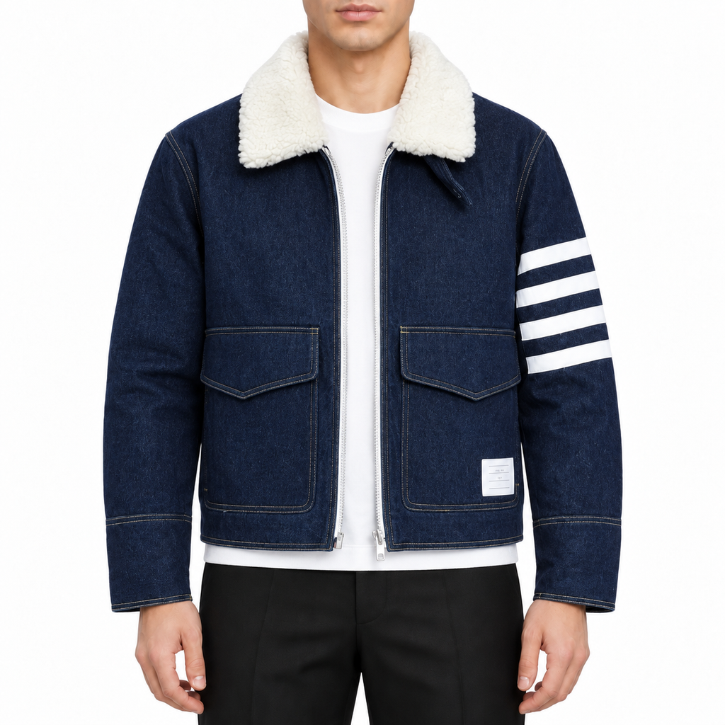 Men's denim jacket by Thom Browne, modeled on a pure white background