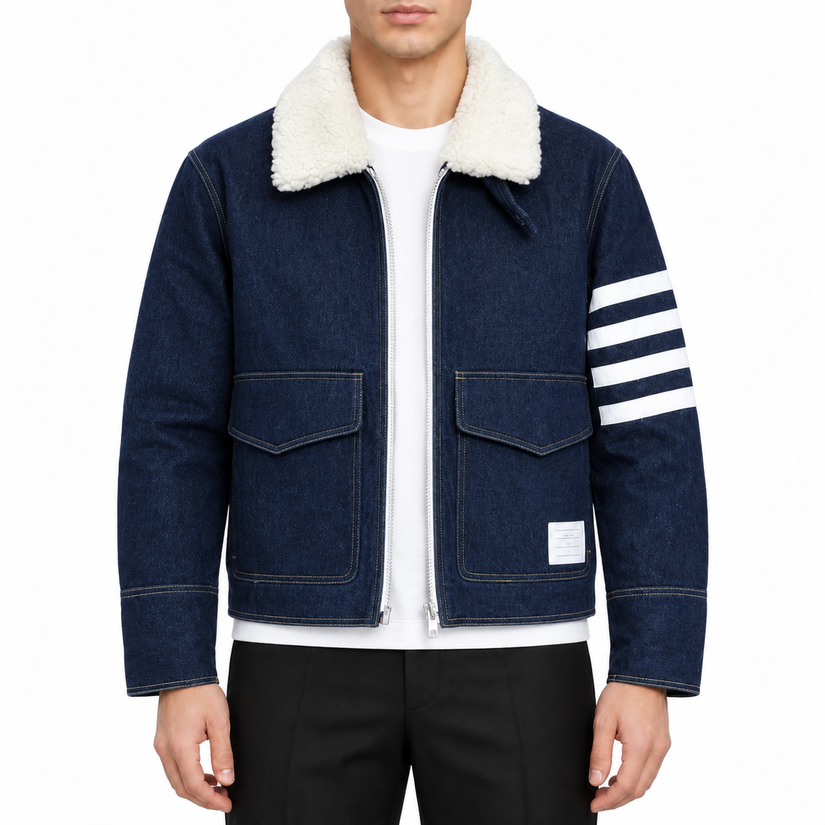 Men's denim jacket by Thom Browne, modeled on a pure white background
