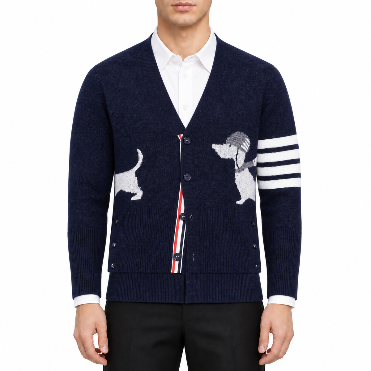Animal Cardigans Knitwear by Thom Browne, modeled on a pure white background