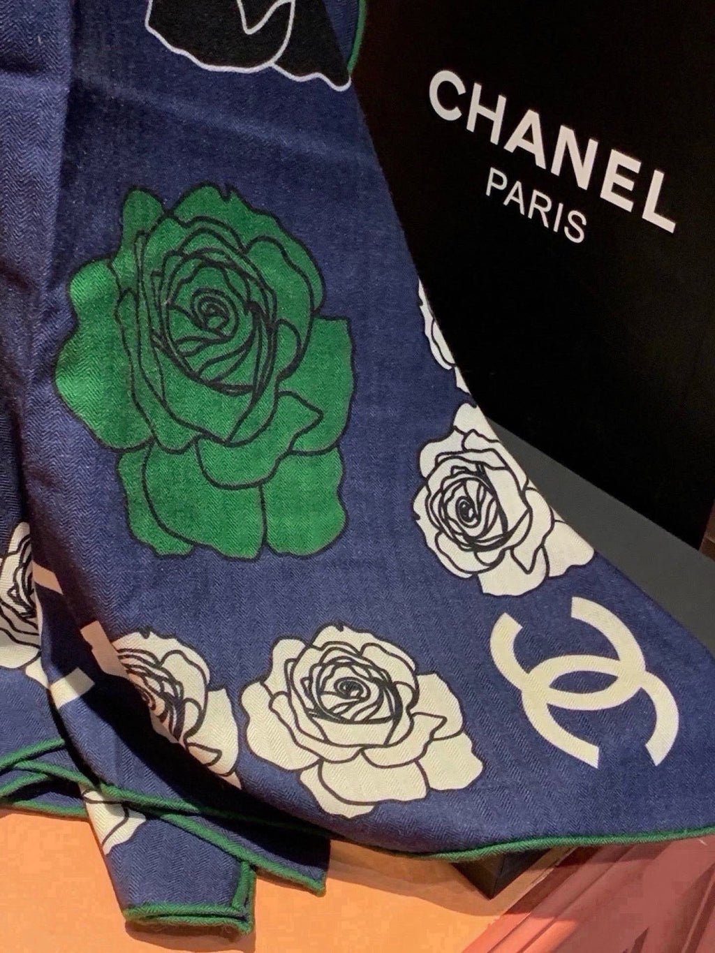 Chanel Style Camellia Velvet Scarf - Navy - Detail Image 3