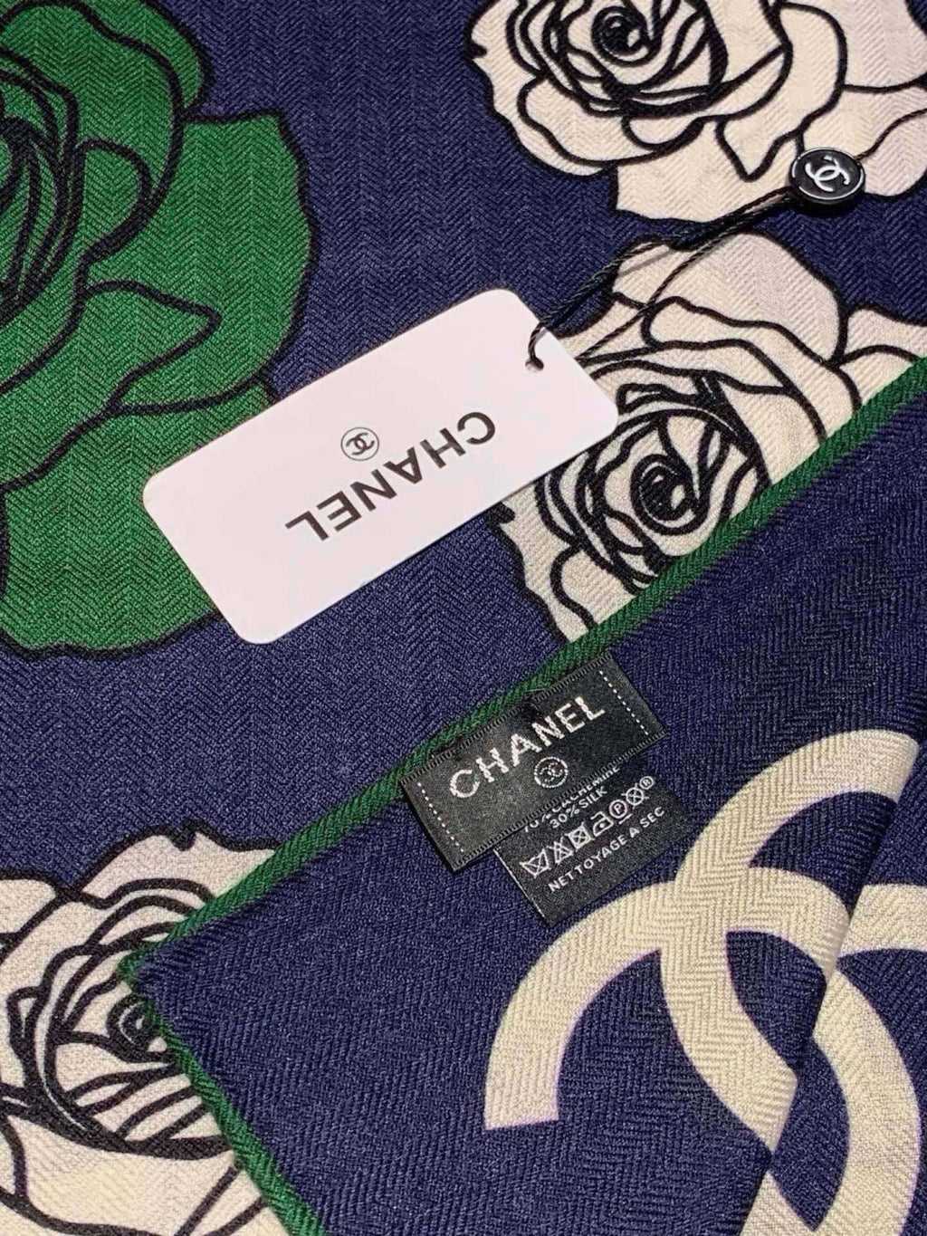 Chanel Style Camellia Velvet Scarf - Navy - Detail Image 4