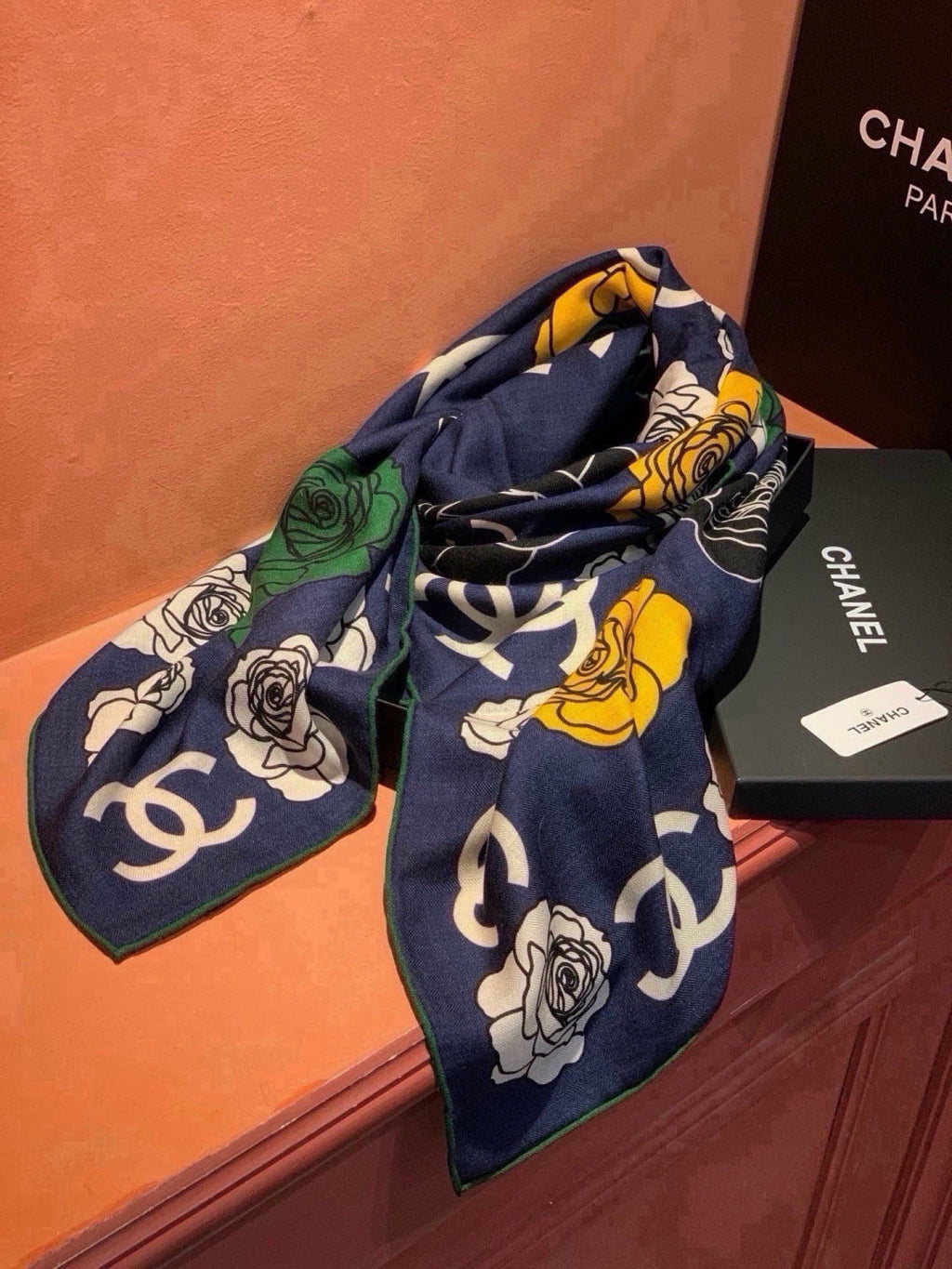 Chanel Style Camellia Velvet Scarf - Navy - Detail Image 5