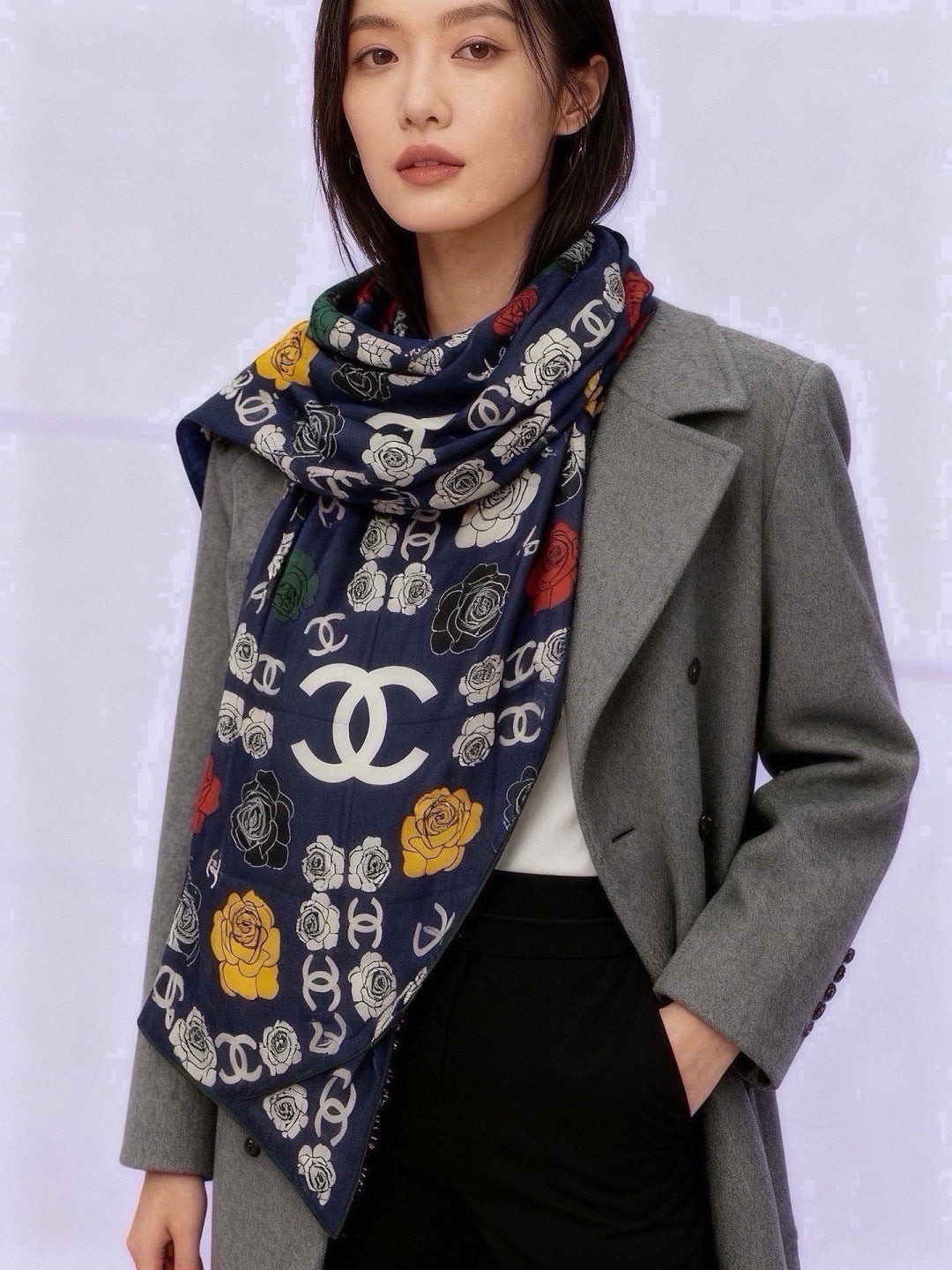Chanel Style Camellia Velvet Scarf - Navy - Model Worn Main Image