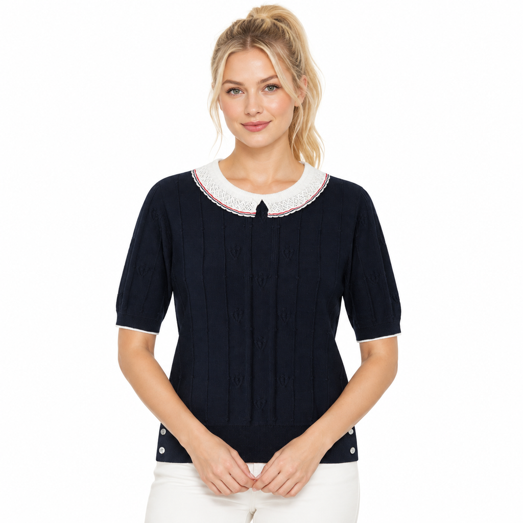 New Lace-Collar Knitted T-Shirt - Model Main Image