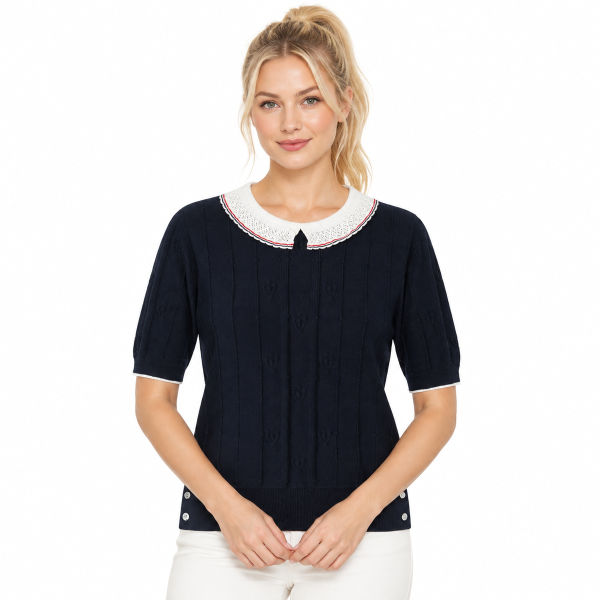 New Lace-Collar Knitted T-Shirt - Model Main Image