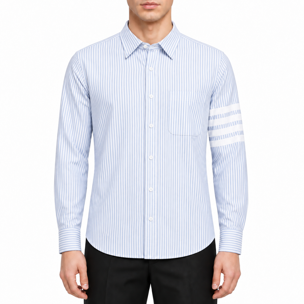 Men's Striped Long-Sleeve Shirt — Classic Button Collar by Thom Browne, modeled on a pure white background