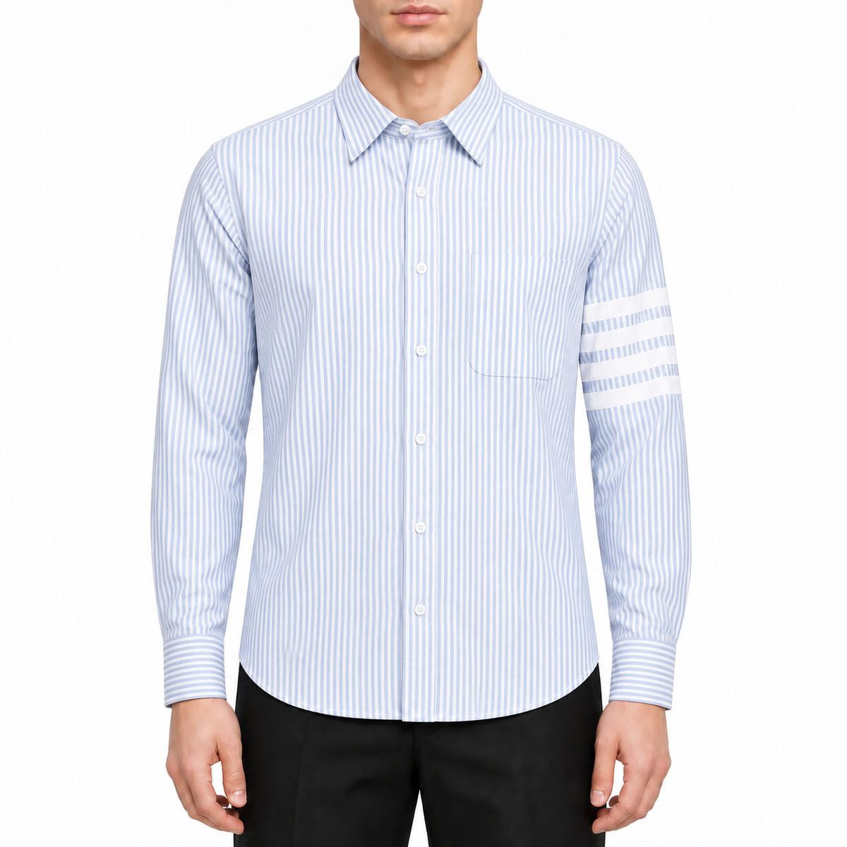 Men's Striped Long-Sleeve Shirt — Classic Button Collar by Thom Browne, modeled on a pure white background