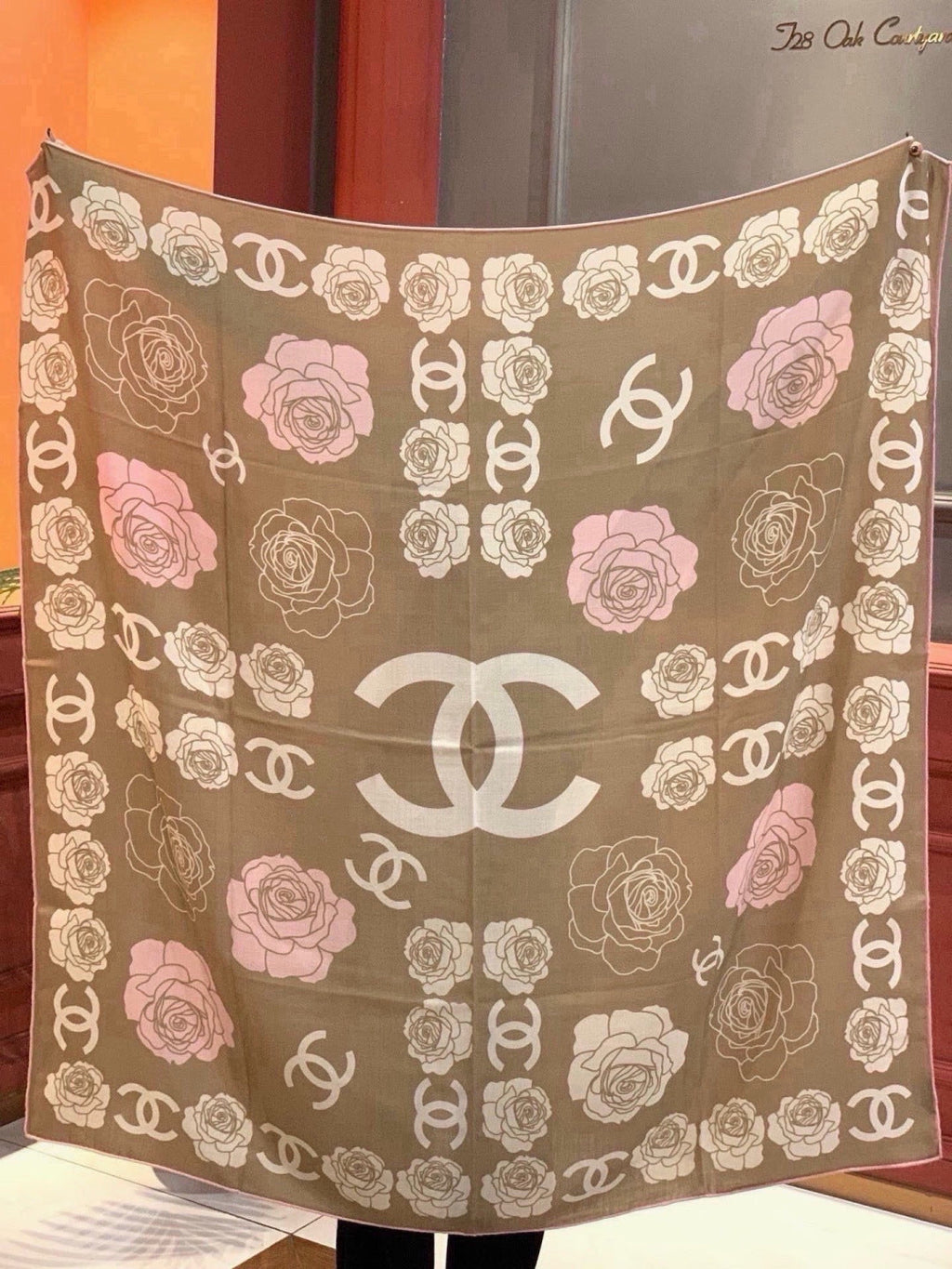 Chanel Style Camellia Velvet Scarf - Beige - Detail Image 8