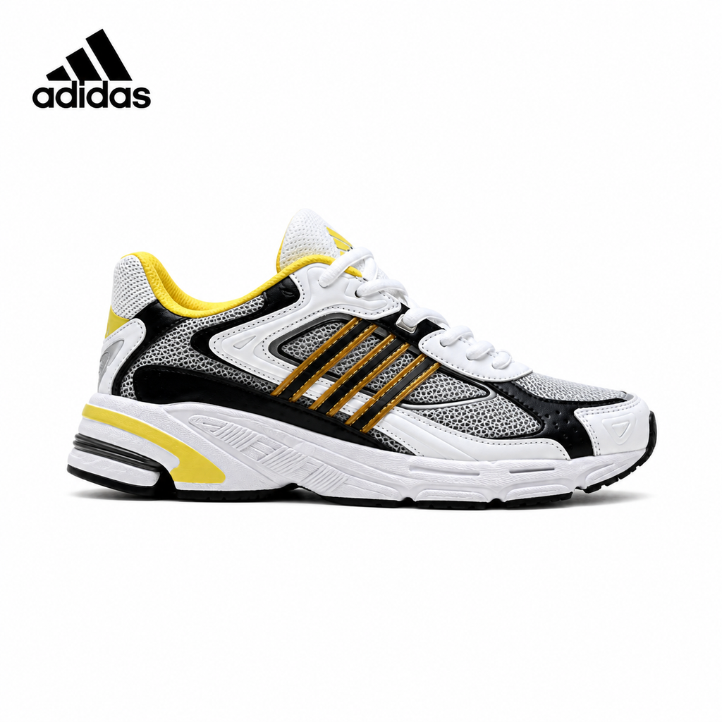 Adidas K81801550 men's running shoes in White/Black/Yellow - single shoe side profile