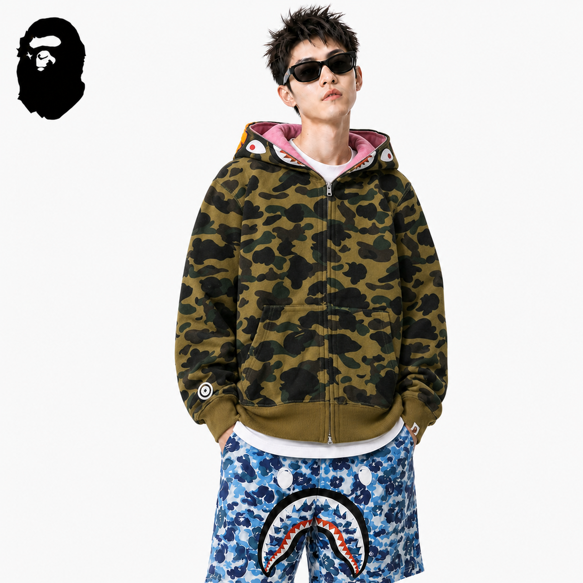BAPE Double-Hood Camo Shark Hoodie styled on a male model