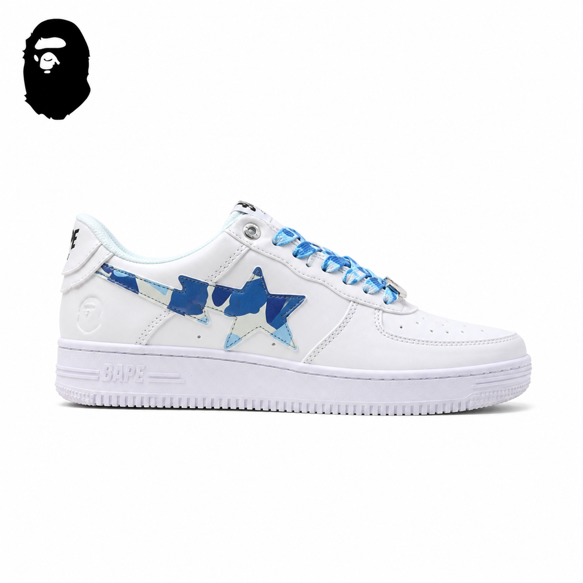 BAPE STA Low-Top Sneakers - White/Blue Camo, single side view on a white background