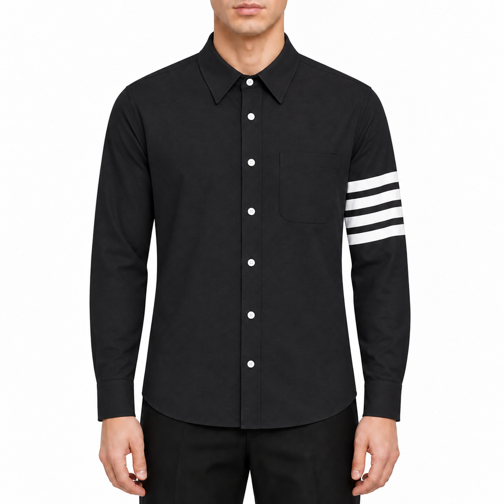 Men's shirt jacket by Thom Browne, modeled on a pure white background