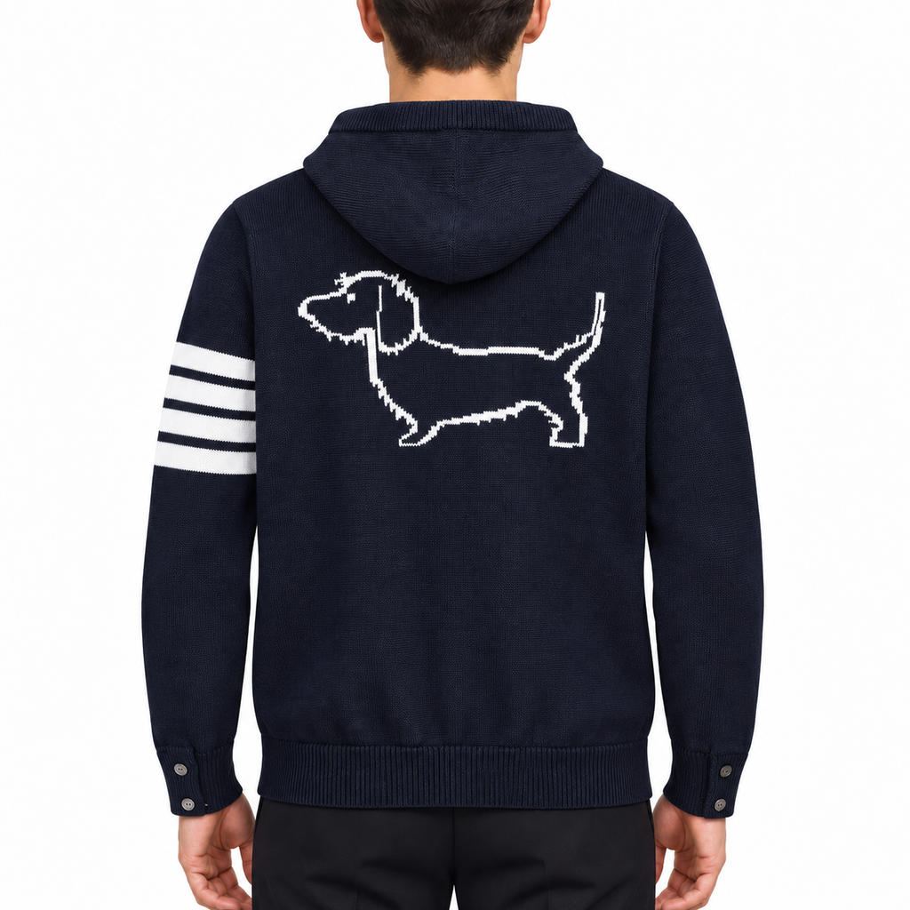 Back puppy hoodie by Thom Browne, modeled on a pure white background