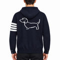 Back puppy hoodie by Thom Browne, modeled on a pure white background