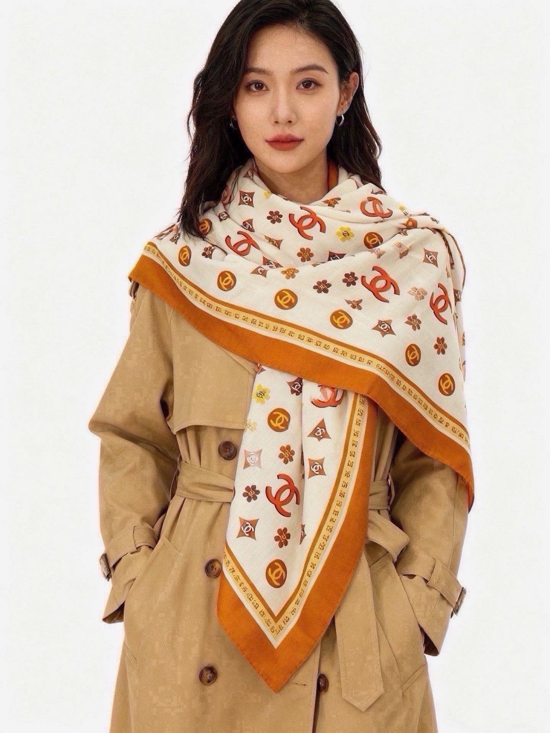 Chanel Style Logo Print Velvet Scarf - Ivory Orange - Detail Image 2