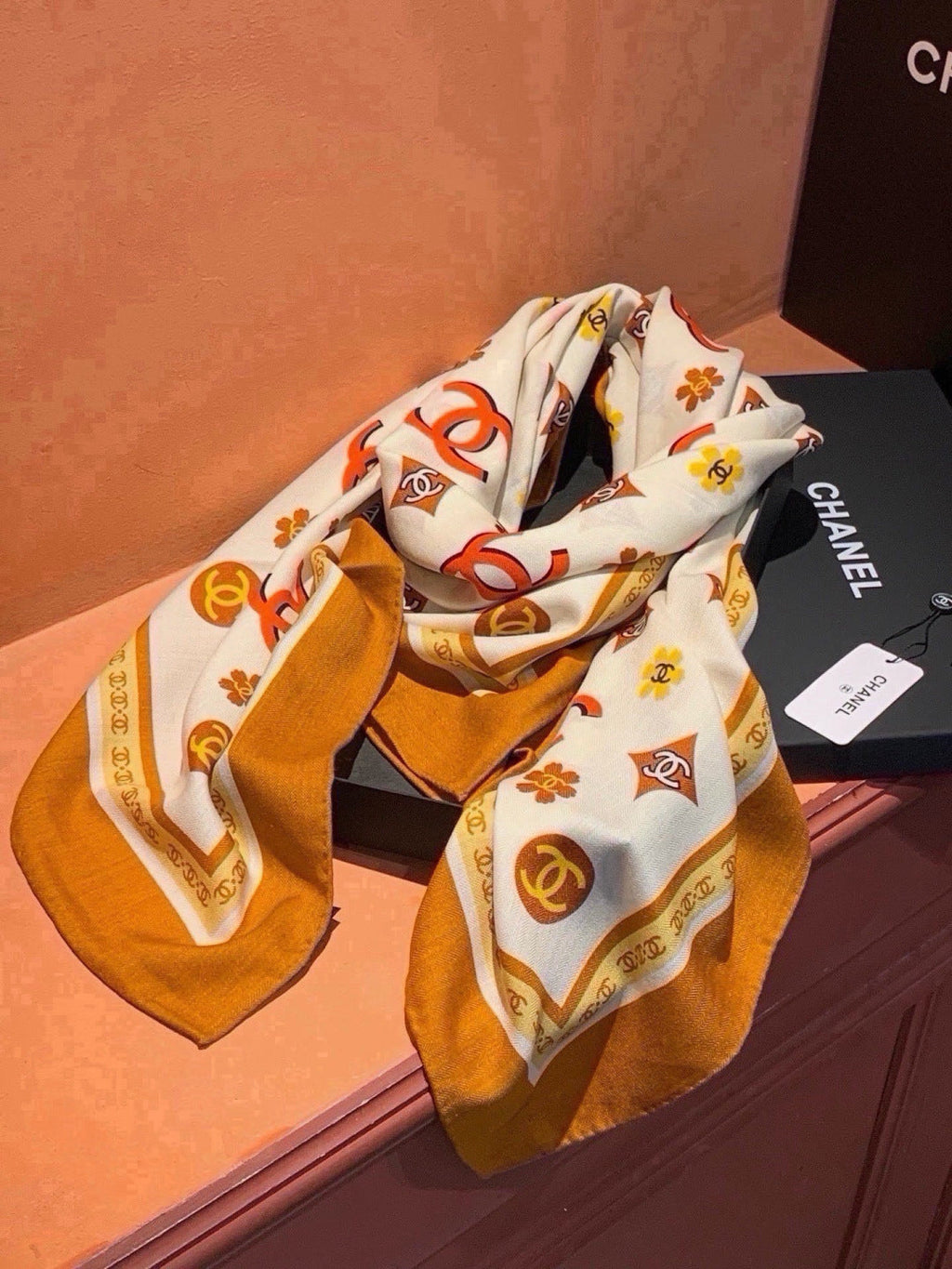 Chanel Style Logo Print Velvet Scarf - Ivory Orange - Detail Image 4