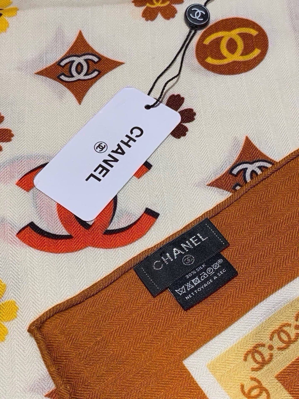 Chanel Style Logo Print Velvet Scarf - Ivory Orange - Detail Image 5