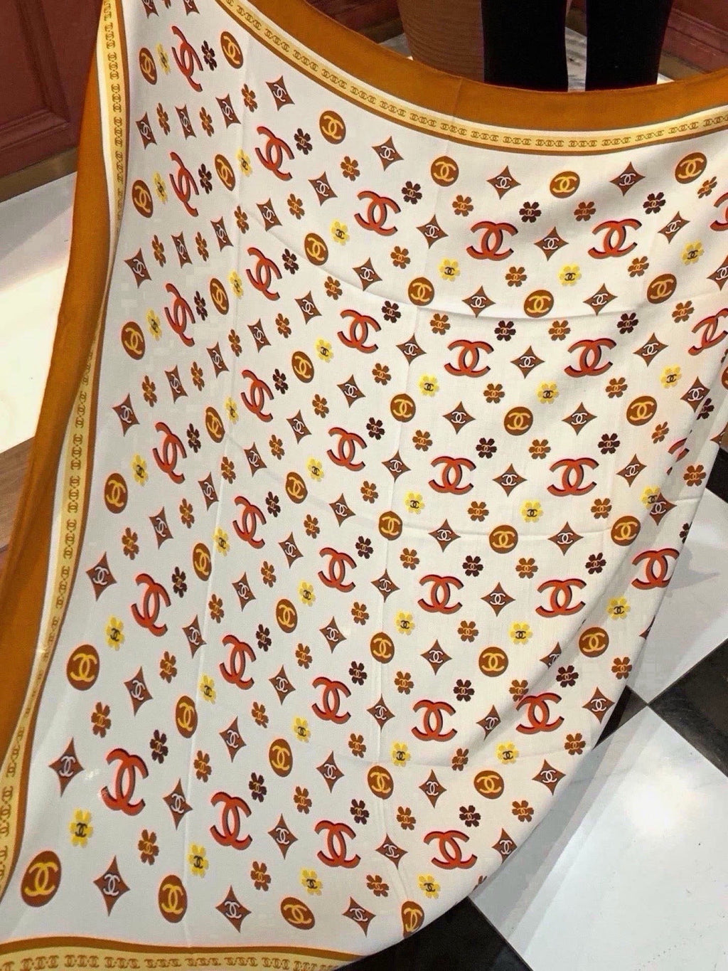 Chanel Style Logo Print Velvet Scarf - Ivory Orange - Detail Image 7