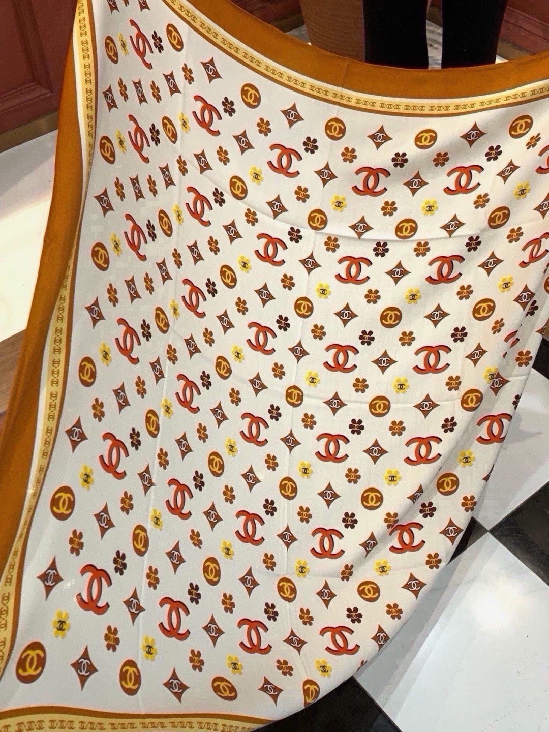 Chanel Style Logo Print Velvet Scarf - Ivory Orange - Detail Image 7