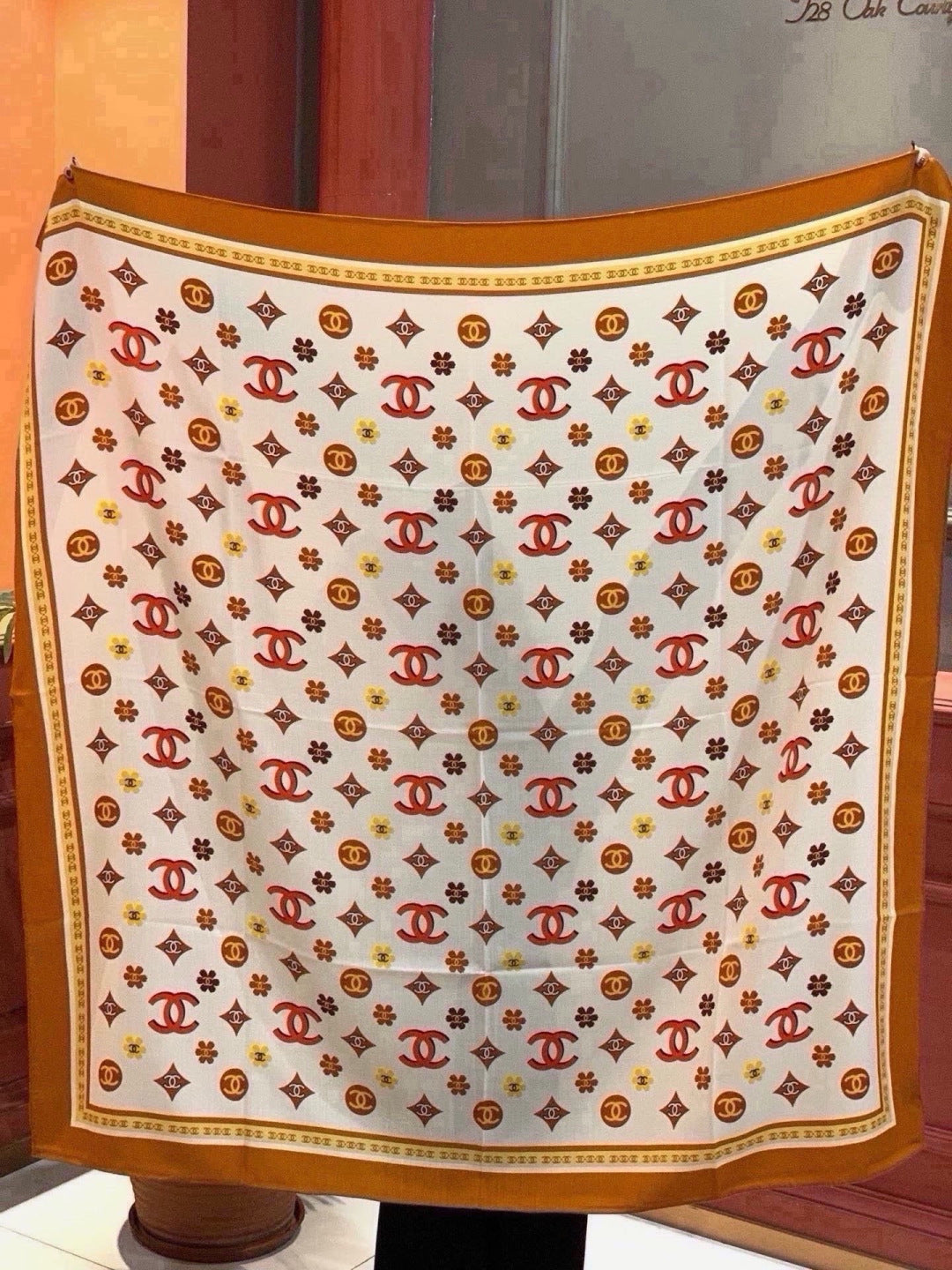 Chanel Style Logo Print Velvet Scarf - Ivory Orange - Detail Image 8