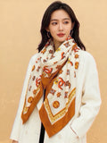 Chanel Style Logo Print Velvet Scarf - Ivory Orange - Model Worn Main Image