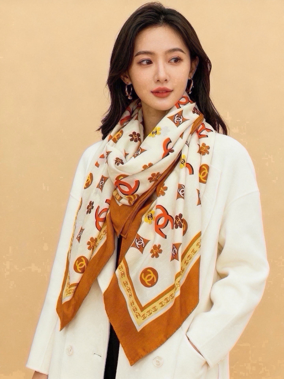 Chanel Style Logo Print Velvet Scarf - Ivory Orange - Model Worn Main Image