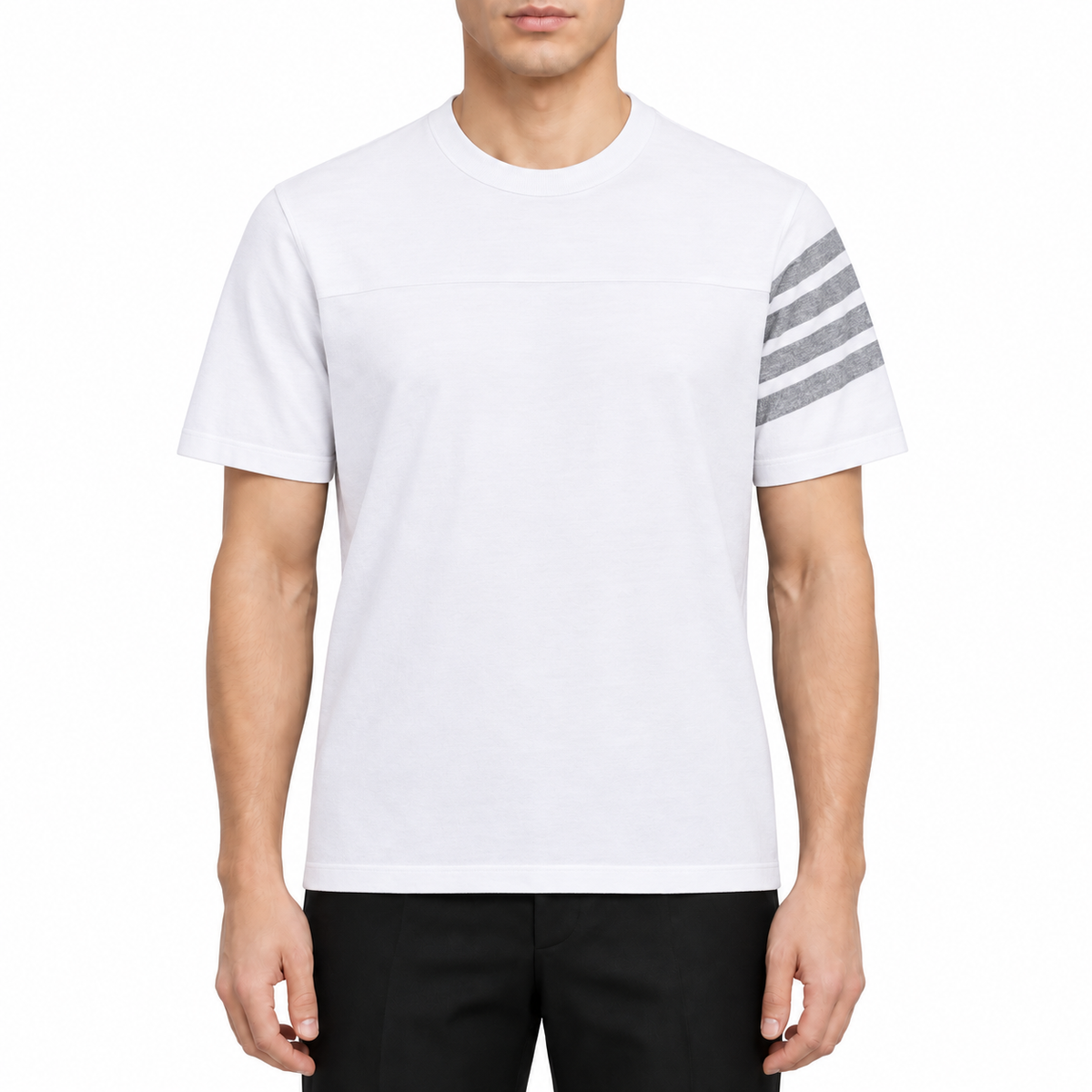 Men's Classics T-shirt by Thom Browne, modeled on a pure white background