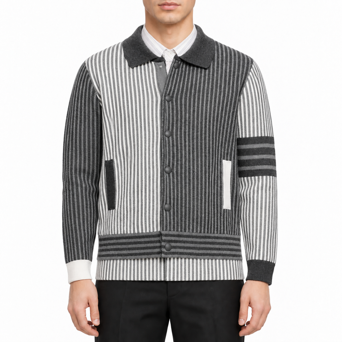 Plaids Knits Coats by Thom Browne, modeled on a pure white background