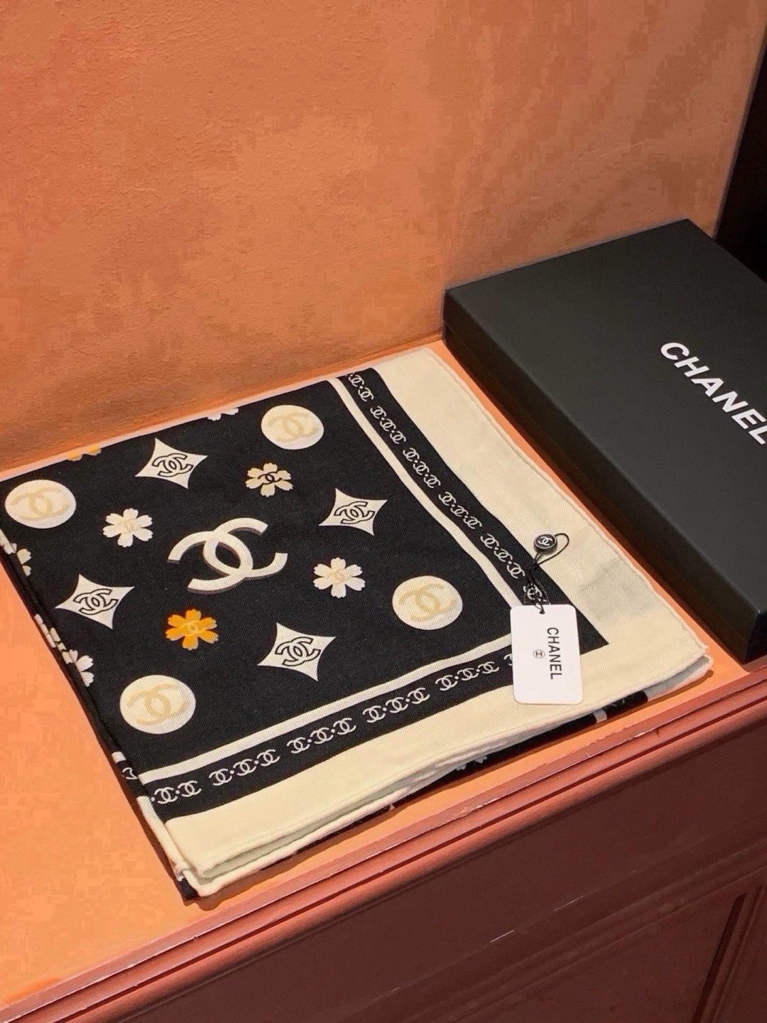Chanel Style Logo Print Velvet Scarf - Black - Detail Image 3