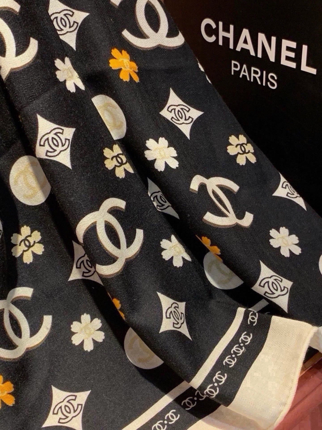 Chanel Style Logo Print Velvet Scarf - Black - Detail Image 6
