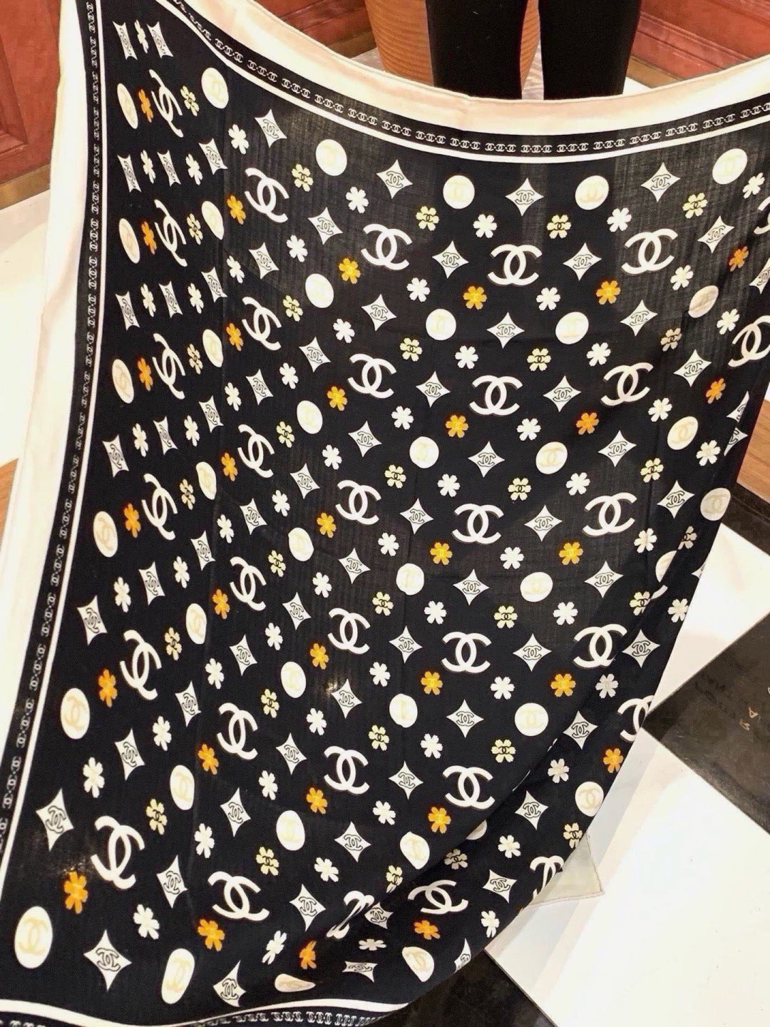 Chanel Style Logo Print Velvet Scarf - Black - Detail Image 7