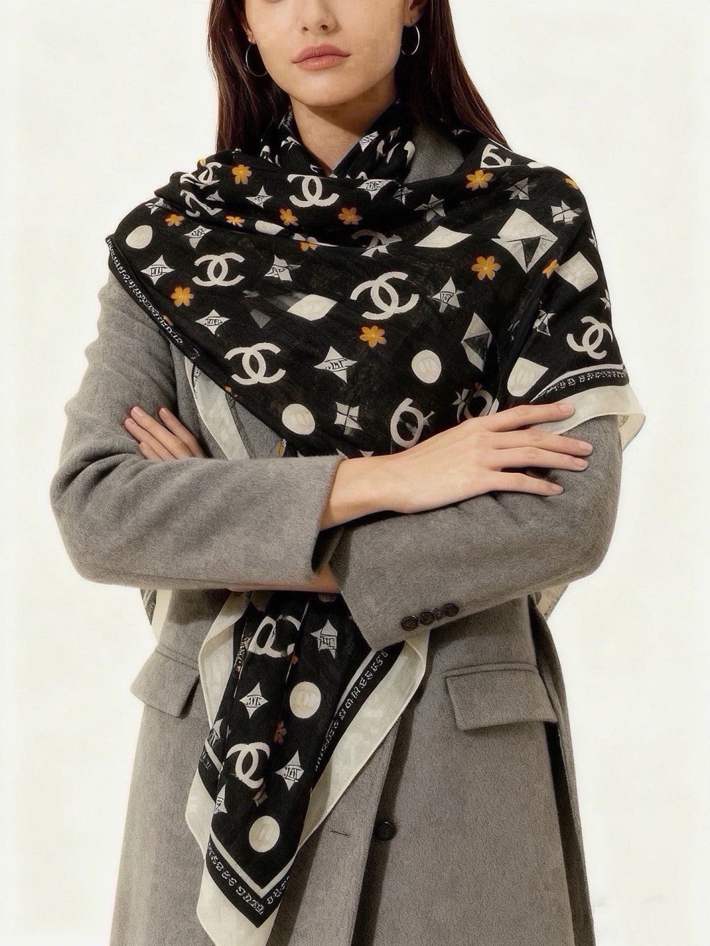 Chanel Style Logo Print Velvet Scarf - Black - Model Worn Main Image