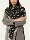 Chanel Style Logo Print Velvet Scarf - Black - Model Worn Main Image