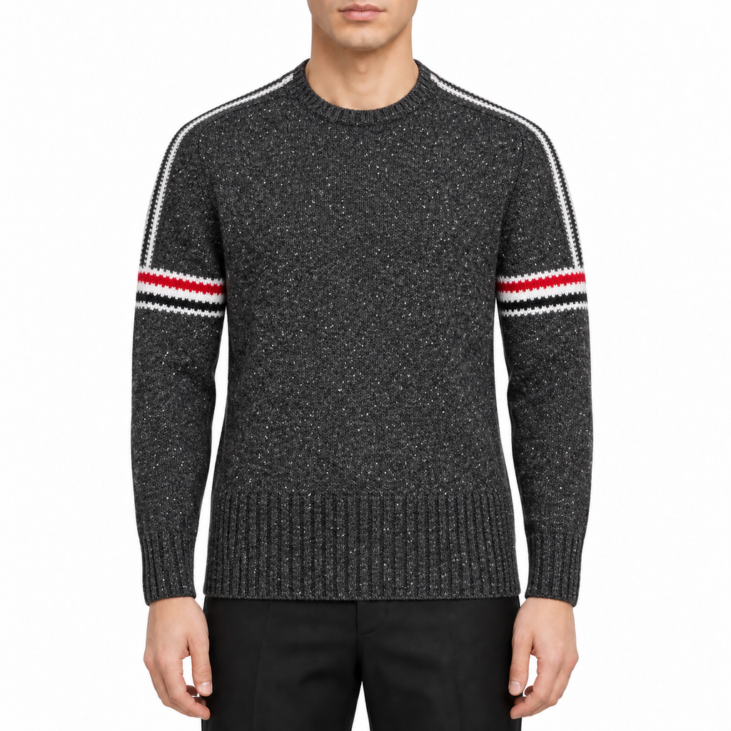 Men's Couples Sweater by Thom Browne, modeled on a pure white background