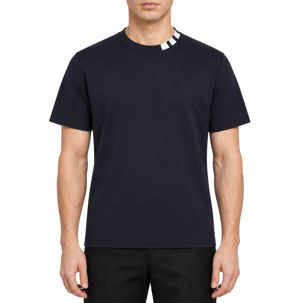 Men's T-shirts by Thom Browne, modeled on a pure white background
