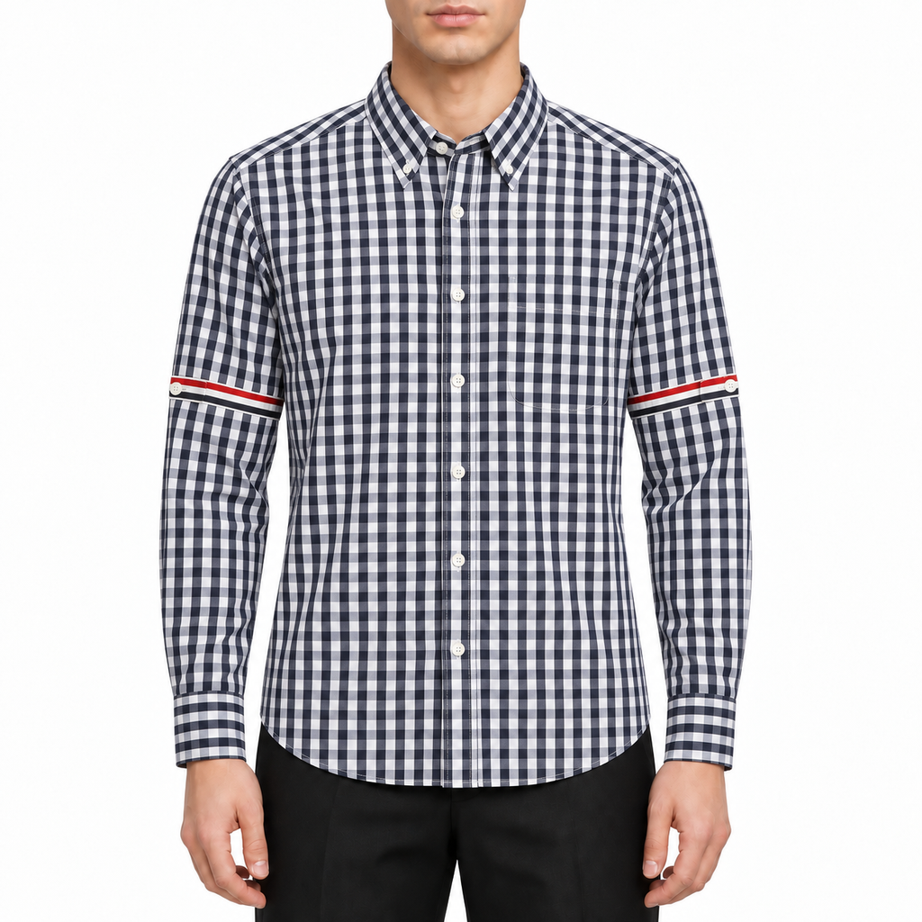 Men's Couple plaid shirt by Thom Browne, modeled on a pure white background