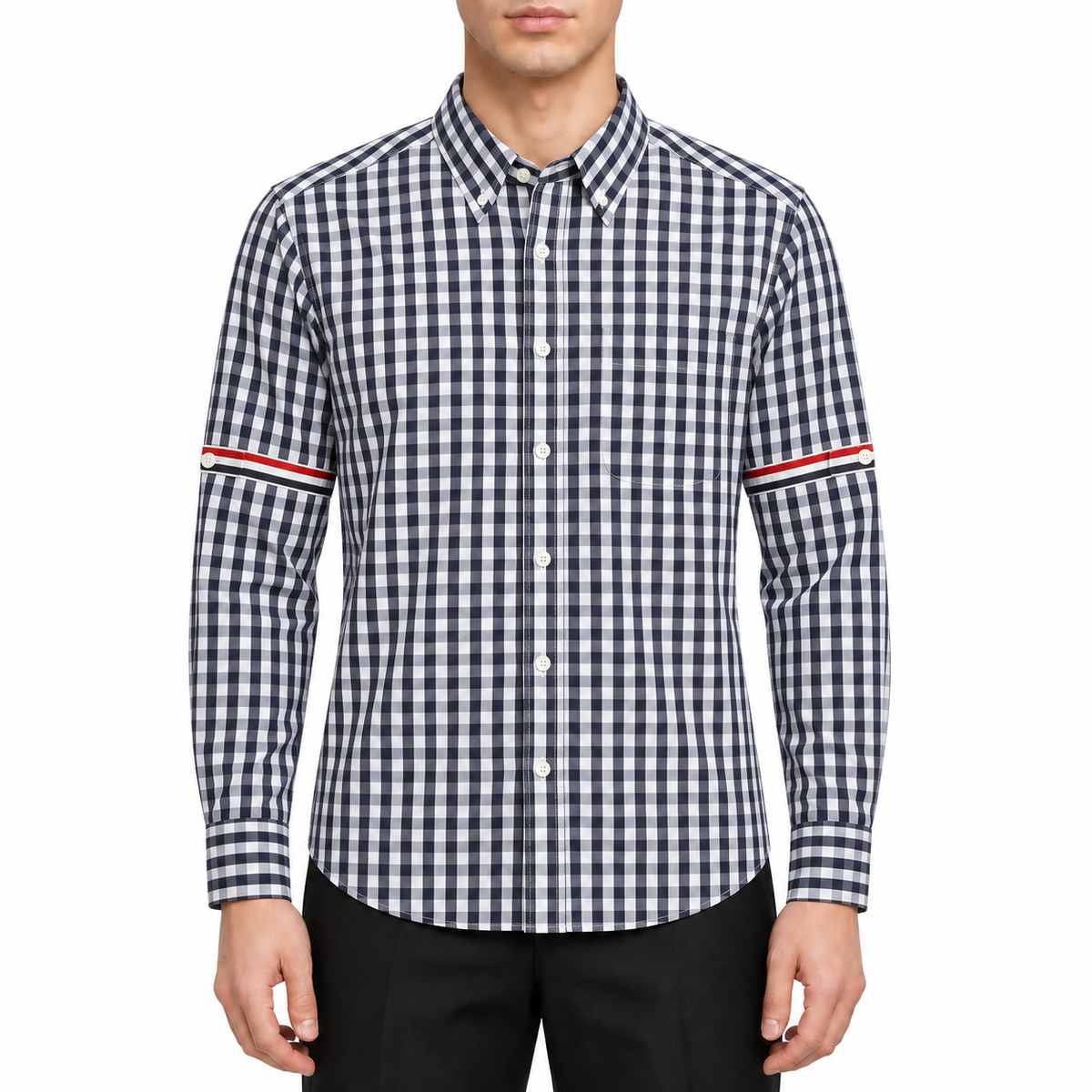 Men's Couple plaid shirt by Thom Browne, modeled on a pure white background