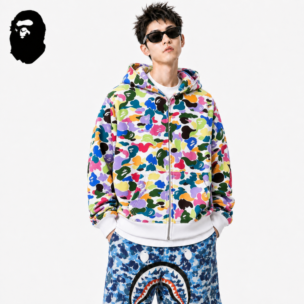 BAPE Multicolor ABC Camo Hoodie styled on a male model