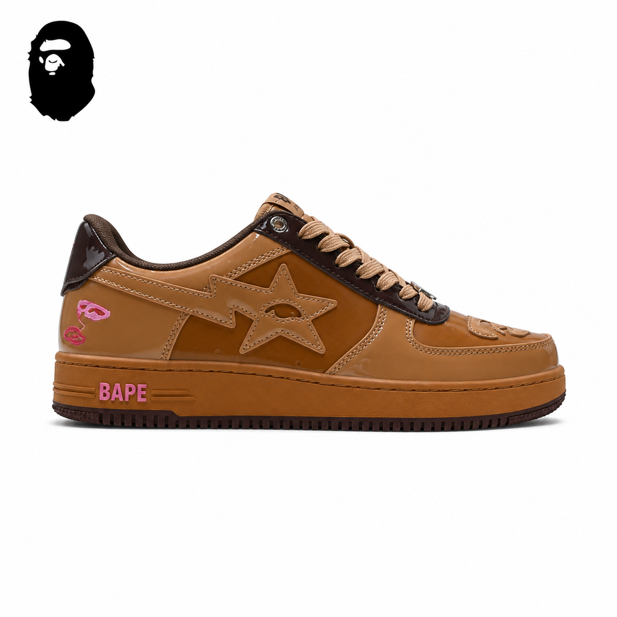 BAPE STA Pastel Leather Low-Top Sneakers - Brown, single side view on a white background