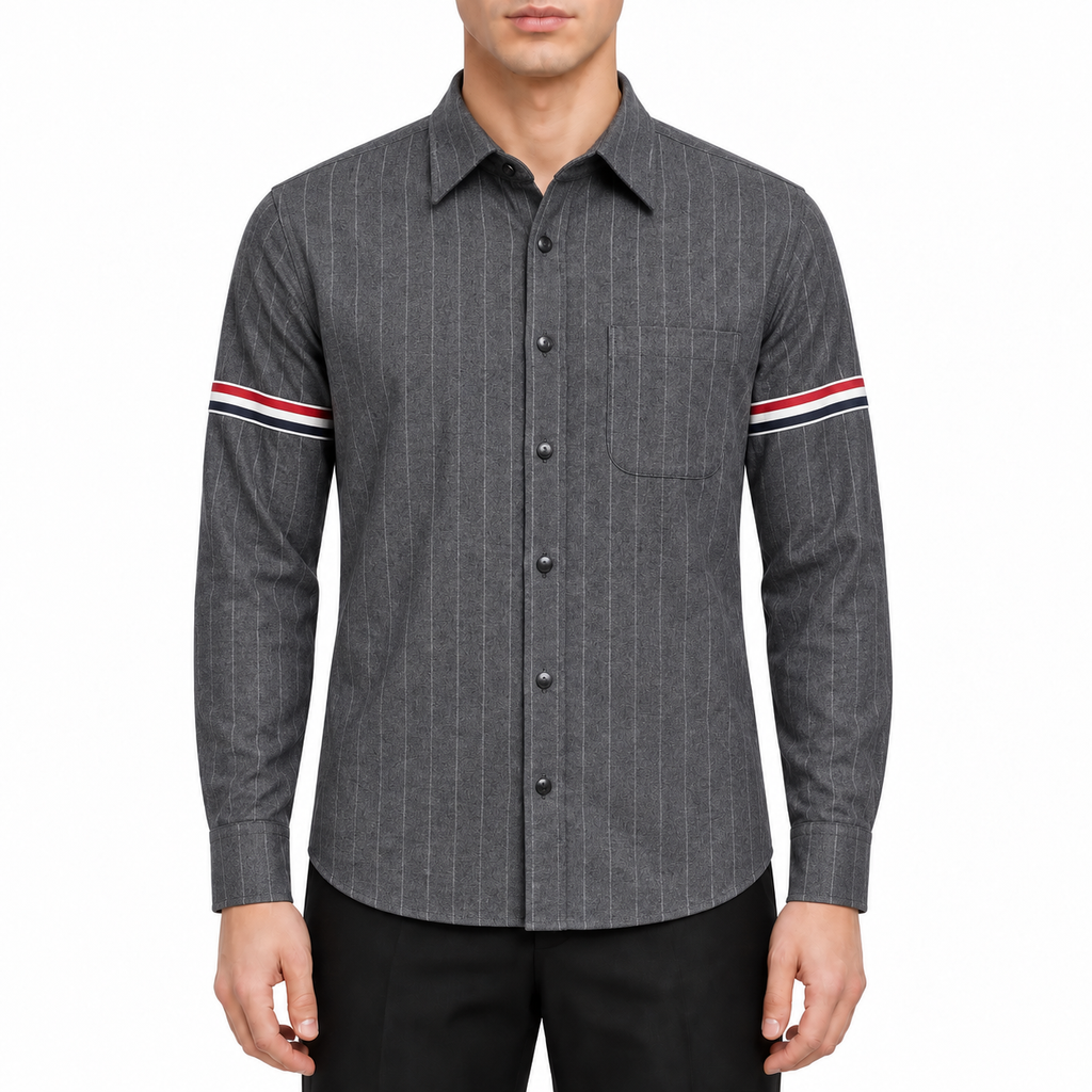 Men's long-sleeved shirt by Thom Browne, modeled on a pure white background