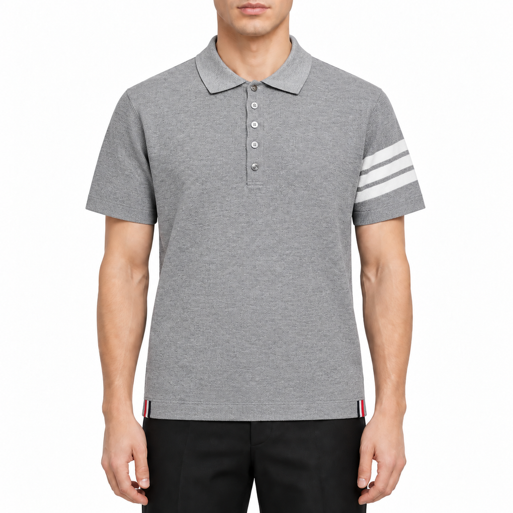 Classic Four-Bar Wool T-Shirt by Thom Browne, modeled on a pure white background