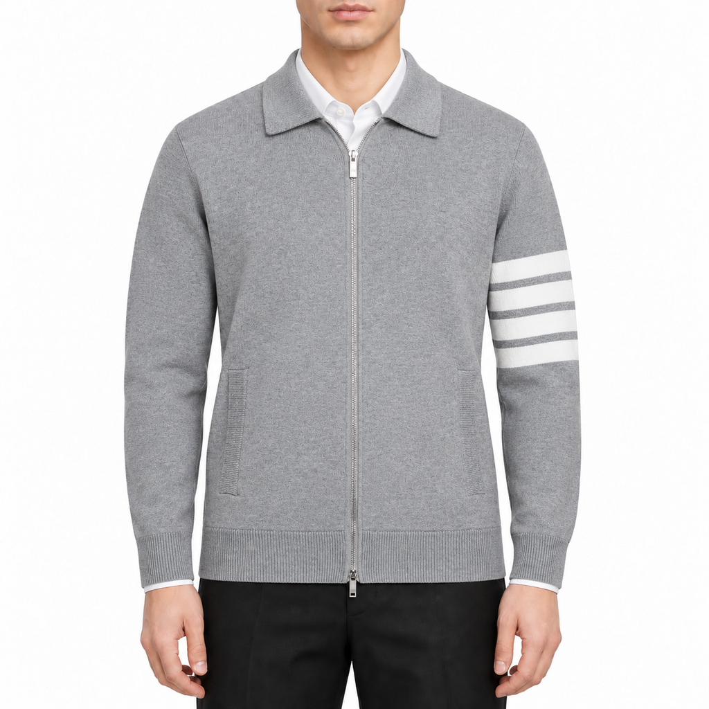 Men's Wool Cardigan by Thom Browne, modeled on a pure white background
