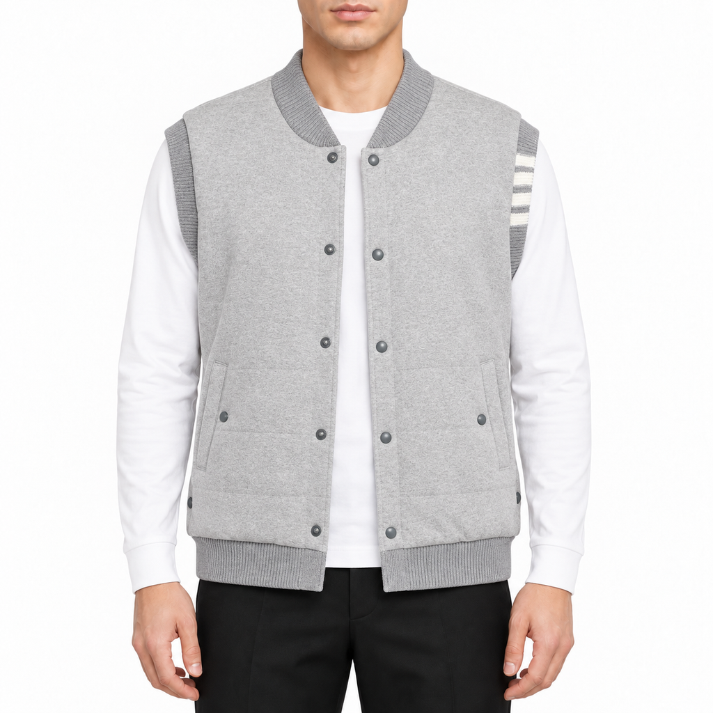 Unisex Warm Vest by Thom Browne, modeled on a pure white background