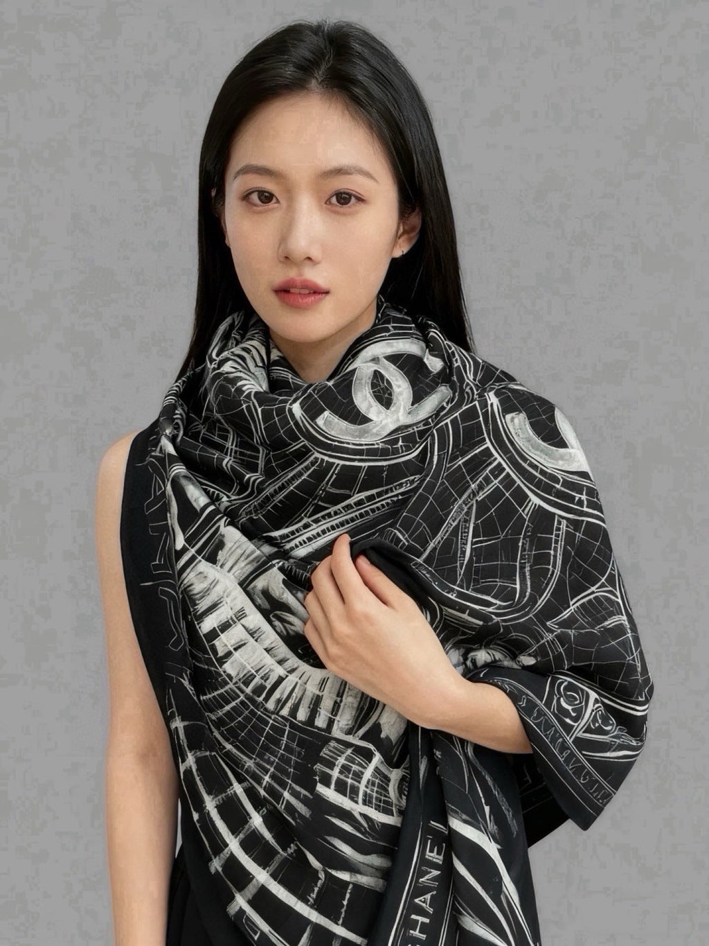 Chanel Style Grand Palais Cashmere Silk Shawl - Black White - Detail Image 2