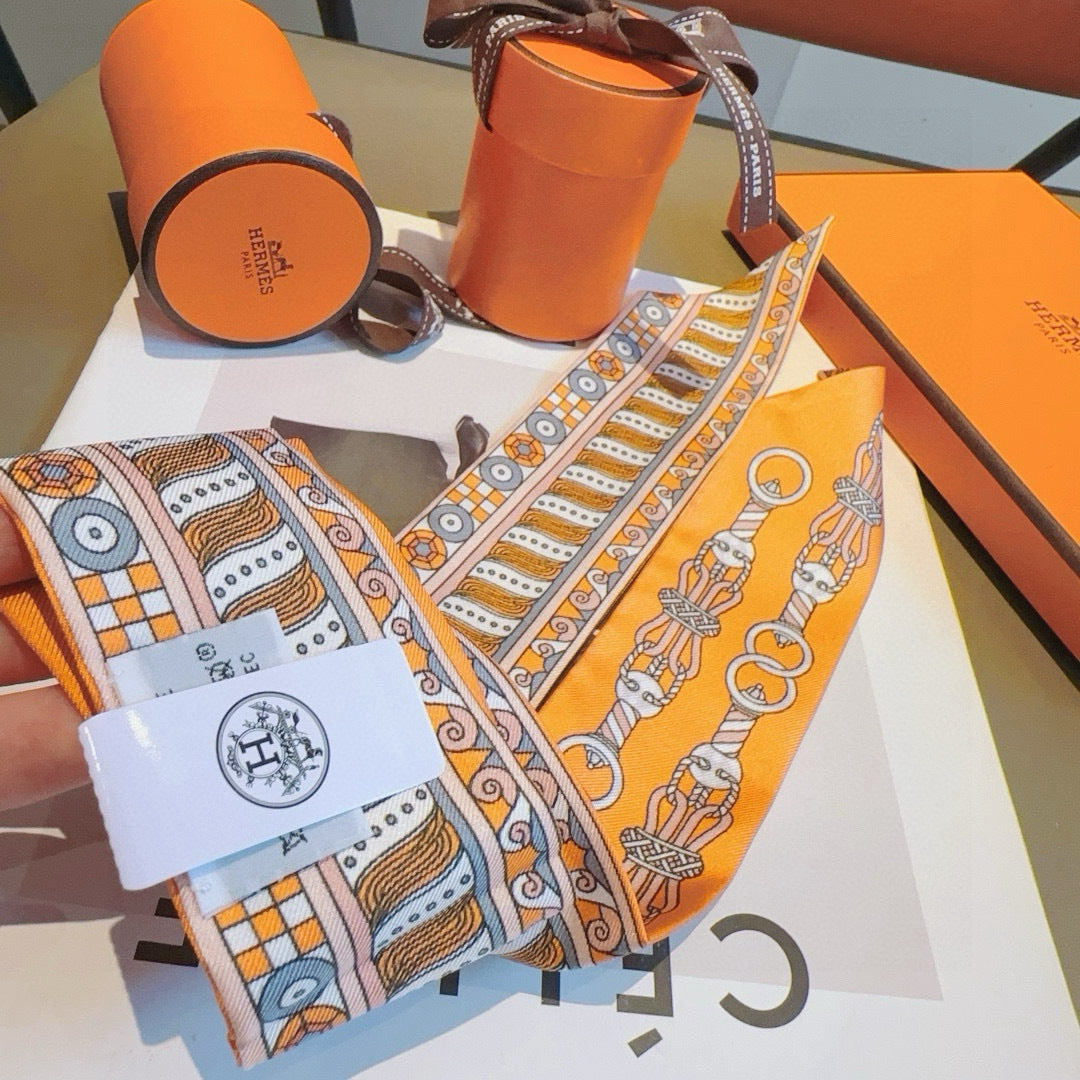 Hermes Style Harness Wreath Double-Sided Silk Twilly - Orange - Detail Image 5
